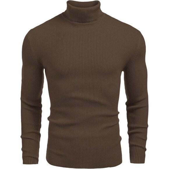 Coofandy Brown Mens Ribbed Slim Fit Knitted Pullover Casual Turtleneck Sweater